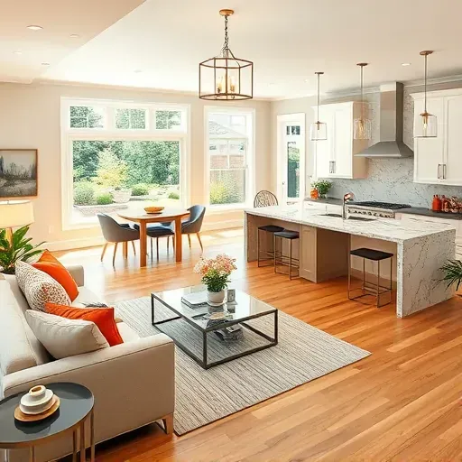 Modern living space in Poolesville MD featuring a spacious kitchen, cozy decor, and a view of a manicured garden.