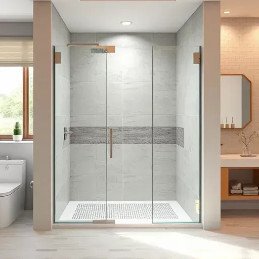Modern walk-in shower with glass panels, chrome fixtures, neutral tiles, textured floor, and natural light in a spacious bathroom