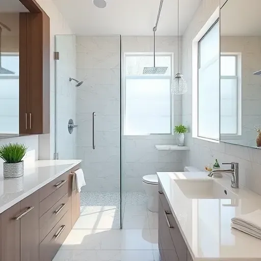 Recently remodeled modern bathroom in Travilah MD with walk-in shower, marble countertops, stylish fixtures, and natural light