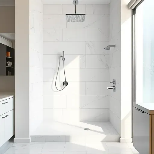 Freshly completed modern shower with white and gray marble tiles, chrome fixtures, and natural light in a stylish bathroom