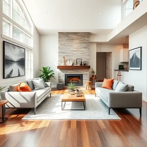Renovated living room in Reston VA with modern furnishings, natural light, and elegant decor highlights quality craftsmanship.