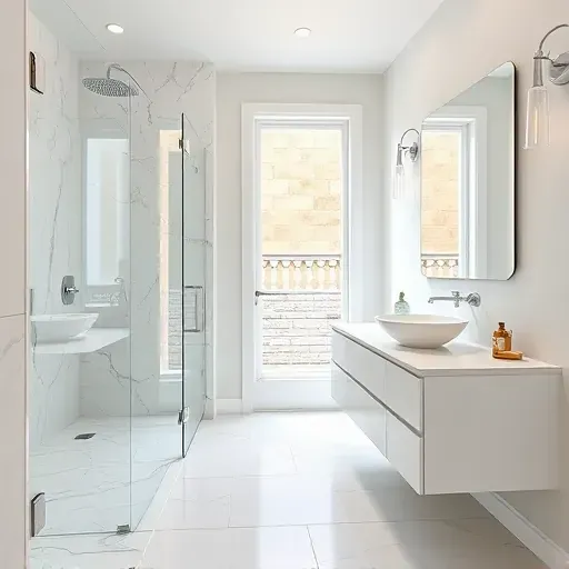 Beautiful Tysons bathroom remodel with modern fixtures, white marble tiles, walk-in shower, quartz vanity, and natural light