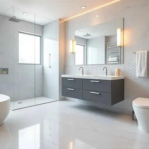 Remodeled Fort Washington bathroom with marble flooring, glass shower, floating double vanity, neutral tones, and elegant lighting