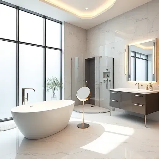 Remodeled College Park bathroom featuring freestanding tub, walk-in shower, marble tiles, and modern design elements.