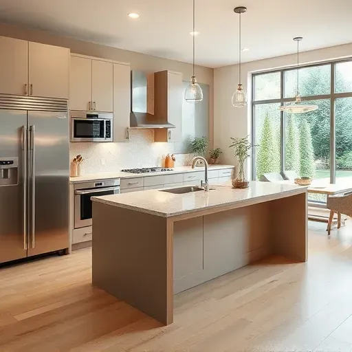 Renovated Rockville Maryland kitchen with modern matte cabinetry, stainless steel appliances, granite counters, wooden island, and natural daylight