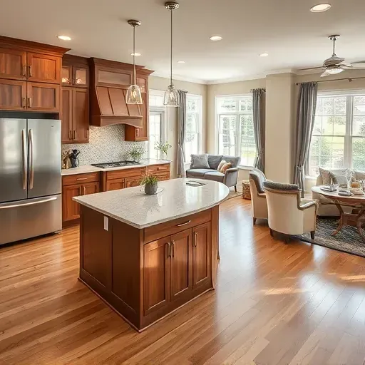 Renovated kitchen in Poolesville MD with high-end appliances, rich cabinetry, spacious living area, and natural light.