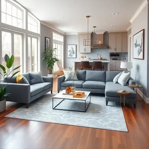Modern living room remodel in Poolesville, MD features gray and blue tones, sleek furniture, large windows, and elegant decor.