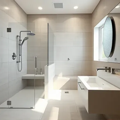 Remodeled Derwood MD bathroom with walk-in shower, floating vanity, modern fixtures, neutral tiles, and LED lighting