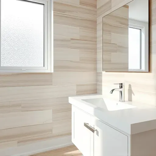 Perfectly installed beige and grey ceramic tiles on a modern bathroom wall with a sleek vanity and natural light.