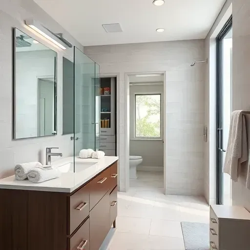 Renovated modern bathroom in Reston VA with walk-in glass shower, porcelain tiles, quartz vanity, large window and greenery