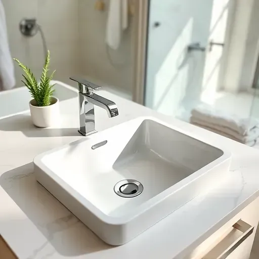 Modern bathroom sink with marble countertop, chrome fixtures, neutral tiling, and subtle decorative elements in a sleek, stylish setting