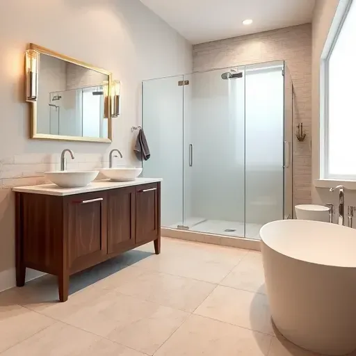 Renovated Annandale VA bathroom with walk-in glass shower, soaking tub, dark wood vanity, marble top, vessel sinks, and natural light