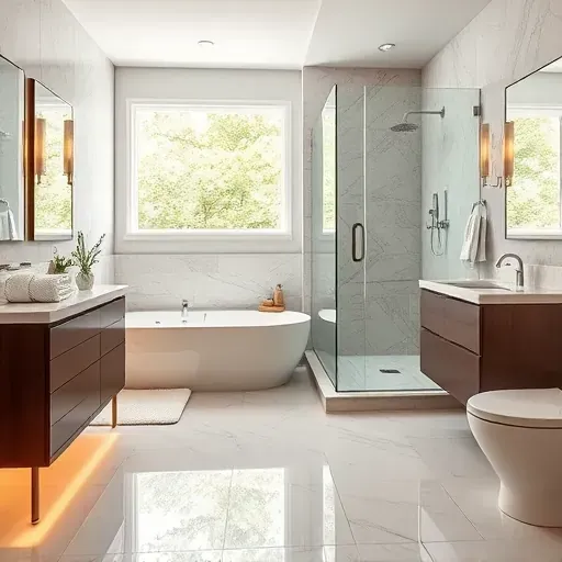 Renovated Germantown MD bathroom with spacious shower, marble countertops, modern fixtures, neutral tiles, and natural light