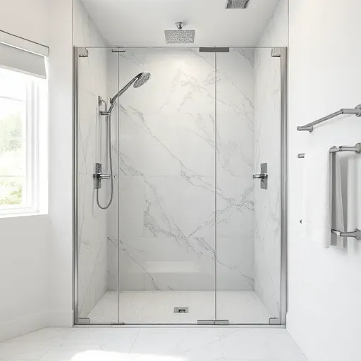 Modern high-end shower with glass enclosure marble tiles chrome fixtures and natural lighting in Rockville Maryland