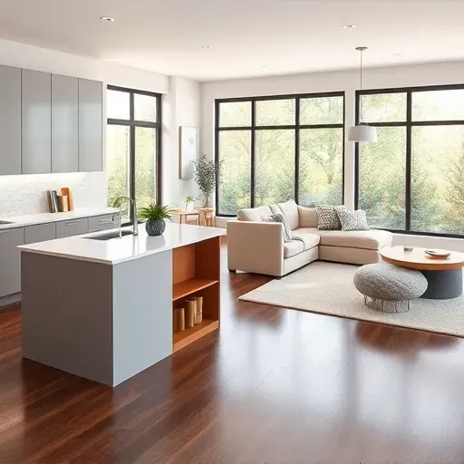 Modern open-concept living space in Aspen Hill MD featuring sleek kitchen, elegant flooring, and inviting decor.