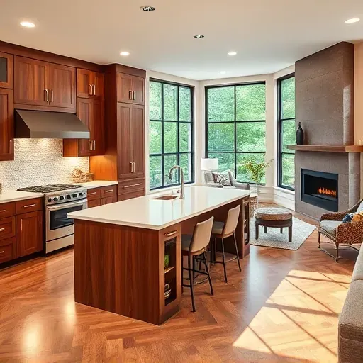 Renovated Aspen Hill kitchen with walnut cabinets, quartz island, stainless appliances, and modern living room decor.