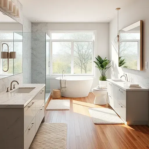 Beautiful remodeled Bethesda bathroom with marble countertops glass shower freestanding tub hardwood floors and modern finishes