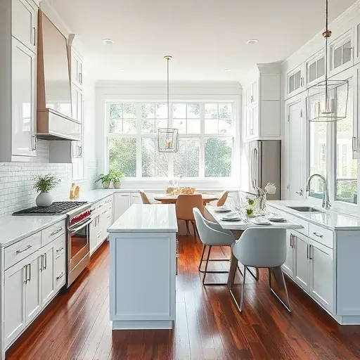 Modern kitchen renovation in Sandy Spring MD featuring sleek cabinetry, quartz countertops, and stainless steel appliances.
