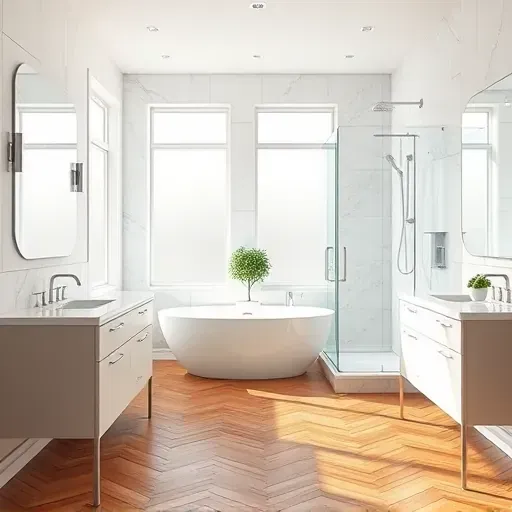 Renovated Darnestown bathroom with white marble countertops modern fixtures glass shower freestanding tub natural light hardwood flooring greenery