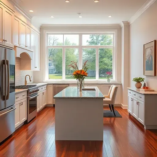 Modern kitchen remodel in Hyattsville MD with stainless appliances, granite countertops, white cabinetry, and hardwood floors.