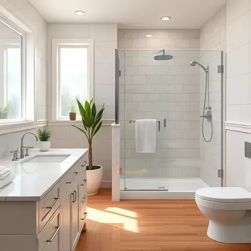 Beautiful renovated bathroom in Rockville MD with marble countertops chrome fixtures walk-in shower natural light