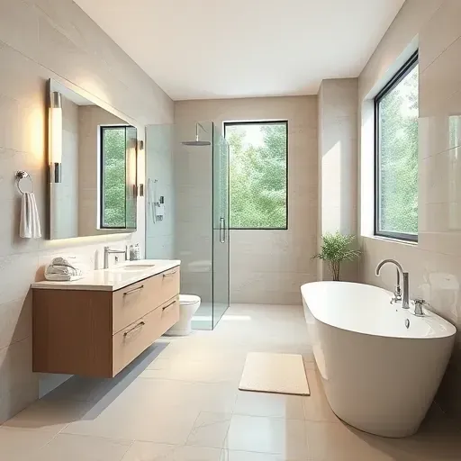 Beautiful renovated Vienna VA bathroom with neutral tiles, glass shower, marble vanity, soaking tub, and natural light