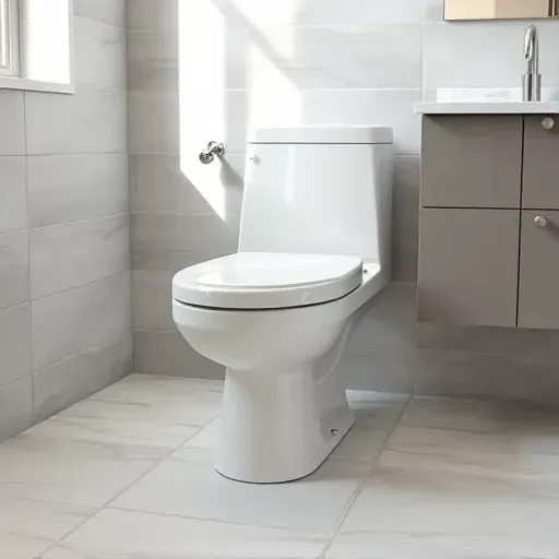 Modern white porcelain toilet with chrome fixtures in a bright, clean bathroom with gray tiles and marble vanity