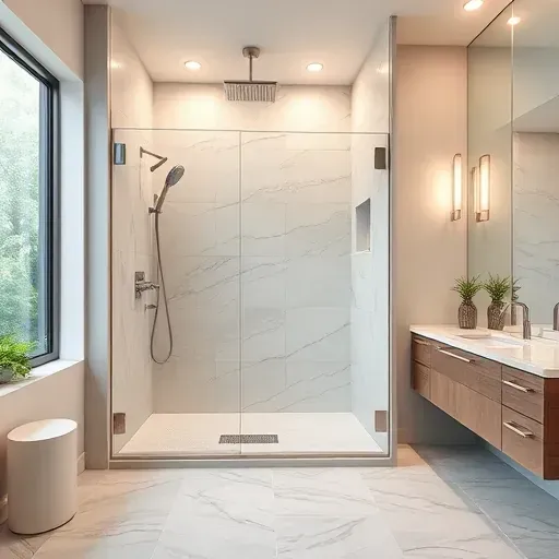 Luxurious walk-in shower in Rockville MD featuring matte marble tiles, frameless glass, rainfall showerhead, and modern design