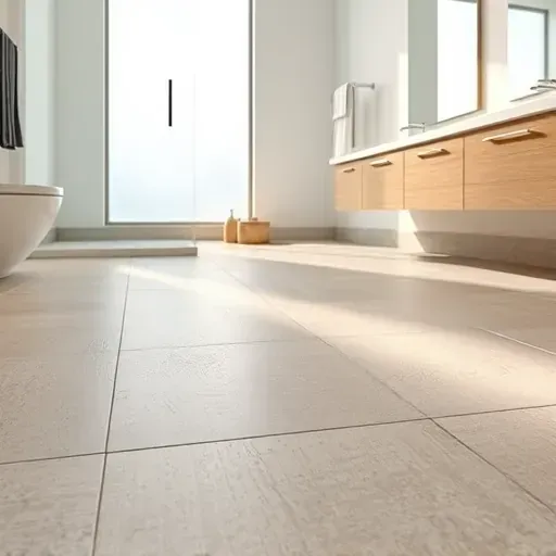 Freshly finished bathroom floor with high-quality ceramic tiles, neutral grout lines, in a modern bright bathroom setting
