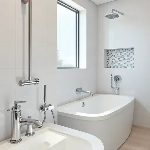 Flawlessly installed bathroom plumbing in Rockville MD with chrome fixtures, tiled walls, modern bathtub, and natural lighting