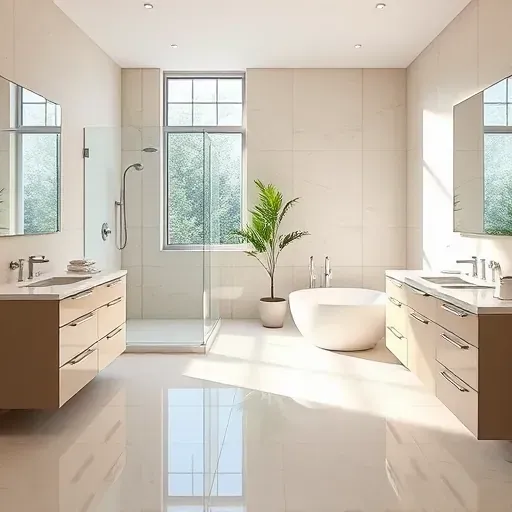 Spacious renovated College Park MD bathroom with modern fixtures, frameless glass shower, freestanding tub, marble counters and natural light