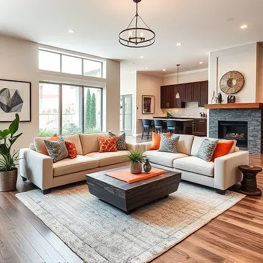 Elegant modern living room in Darnestown MD features stylish sectional sofa, reclaimed wood coffee table and cozy fireplace.