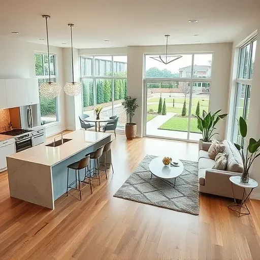 Modern open-concept living space in Silver Spring MD with hardwood floors, quartz island kitchen, and natural light.
