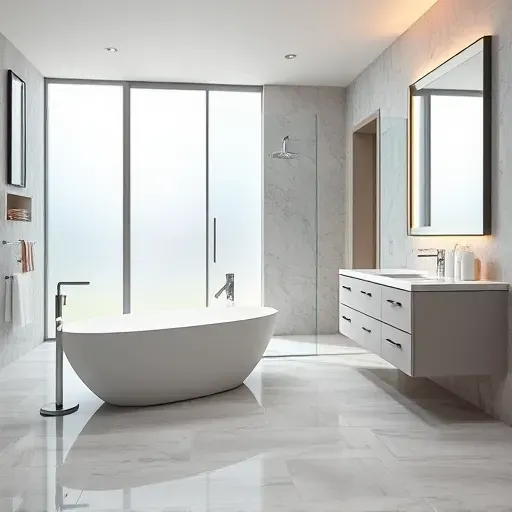 Remodeled Silver Spring bathroom with modern fixtures, marble tiles, neutral tones, large frosted windows, and elegant storage