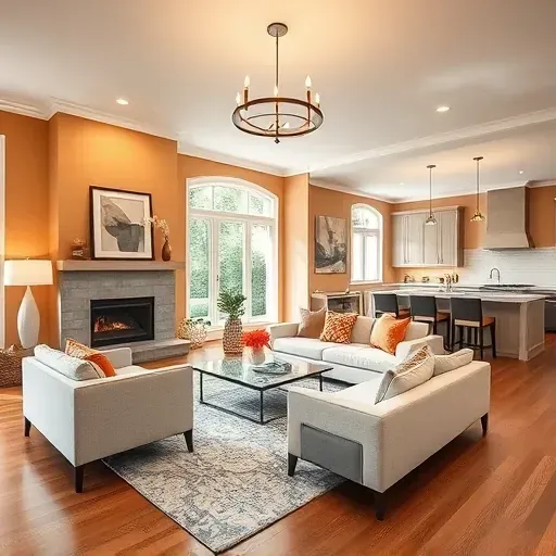 Beautifully remodeled living room in Wheaton, MD with modern furniture, cozy fireplace, and open kitchen layout.