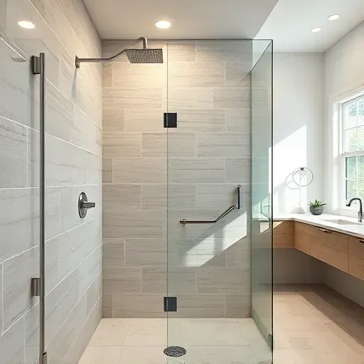 Freshly finished shower with mosaic ceramic tiles, chrome fixtures, glass door, natural light, and modern bathroom decor