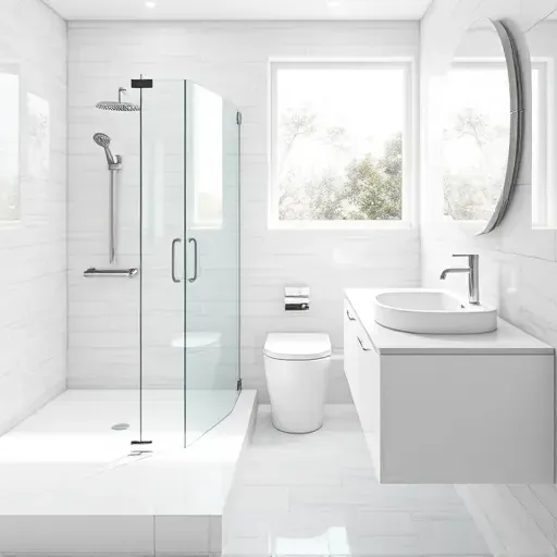 Freshly completed waterproofing system in a modern MD bathroom with seamless membrane layers, sleek fixtures, and natural light