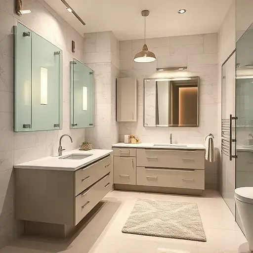 Completed bathroom remodel in Rockville MD featuring modern design with glass shower, marble countertops, and tasteful decor.