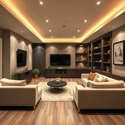 Beautiful finished basement remodel in Rockville Maryland with modern furniture cozy seating sleek flooring and stylish decor