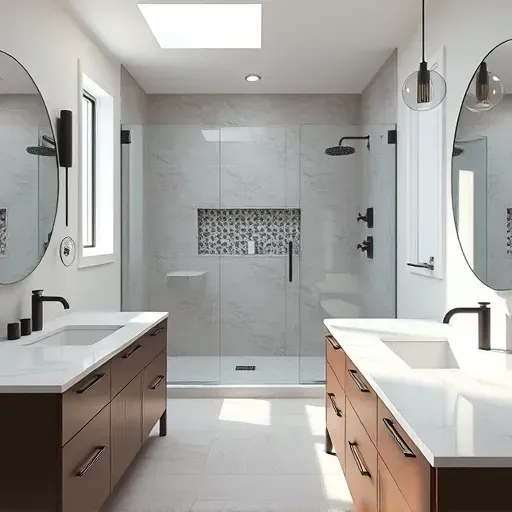 Modern renovated bathroom in Falls Church VA with marble countertops matte black fixtures walk-in shower large porcelain tiles natural light and geometric accent wall