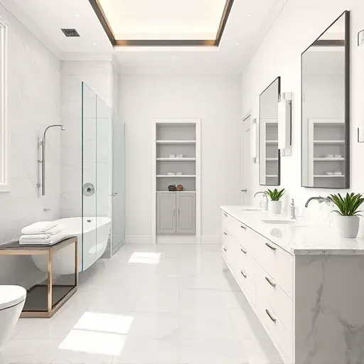 Freshly remodeled Rockville MD bathroom features modern fixtures, sleek surfaces, frameless shower, and stylish freestanding tub.