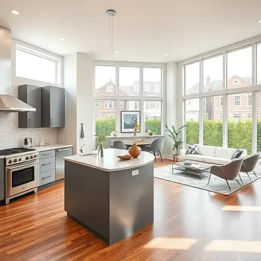 Contemporary living space in Kensington MD with modern kitchen, natural light, sophisticated decor, and vibrant neighborhood views.