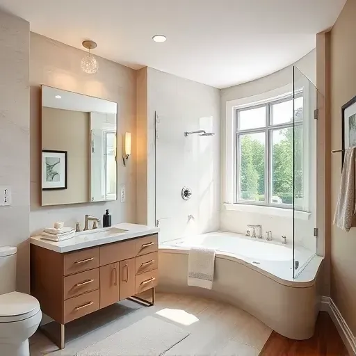 Remodeled Wheaton MD bathroom with modern fixtures, walk-in shower, neutral tile, stylish vanity, large mirror, and natural light