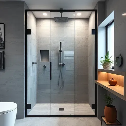 Modern walk-in shower in Rockville MD with glass panels, gray stone tiles, rainfall ceiling showerhead, and natural lighting
