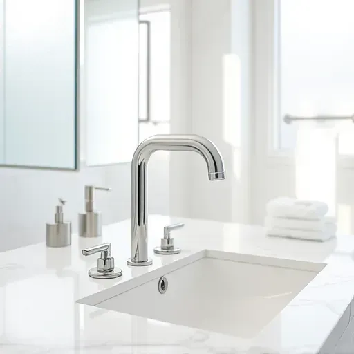 Modern upscale bathroom in Rockville MD with chrome faucet, marble countertop, natural light, and elegant details
