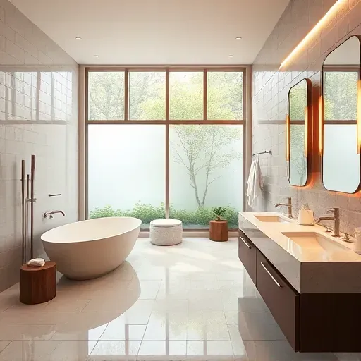 Renovated Darnestown bathroom with sleek fixtures, freestanding tub, glass shower, floating vanities, and natural light
