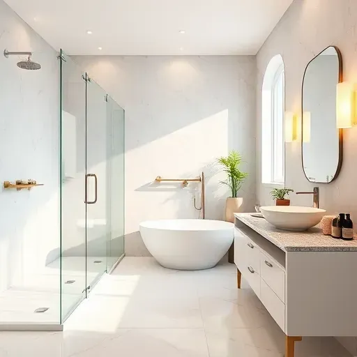 Recently renovated bathroom in Rockville MD featuring modern fixtures, walk-in shower, freestanding tub, and stylish decor.