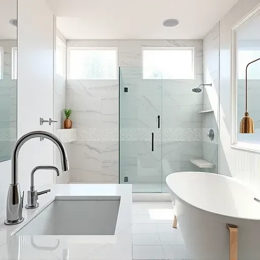 Freshly renovated bathroom in Rockville, MD with modern fixtures, elegant marble, and inviting natural light.