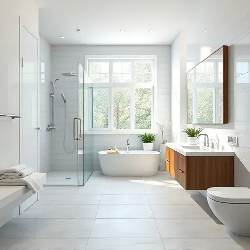 Renovated modern bathroom in Rockville MD with walk-in shower, floating vanity, tiled floors, natural lighting, and sleek finishes