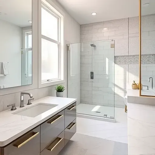Renovated modern bathroom in Reston VA with marble countertops chrome fixtures glass shower minimalist design natural light.
